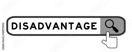 Search banner in word disadvantage with hand over magnifier icon on white background