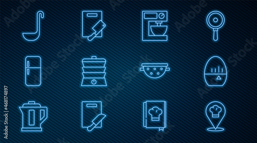 Set line Chef hat with location, Kitchen timer, Electric mixer, Slow cooker, Refrigerator, ladle, colander and Cutting board meat chopper icon. Vector