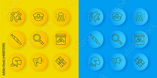 Set line Police helmet, Marijuana joint, Magnifying glass with search, Stacks paper money cash, Evidence bag gun, Crime scene, Flasher siren and cap cockade icon. Vector