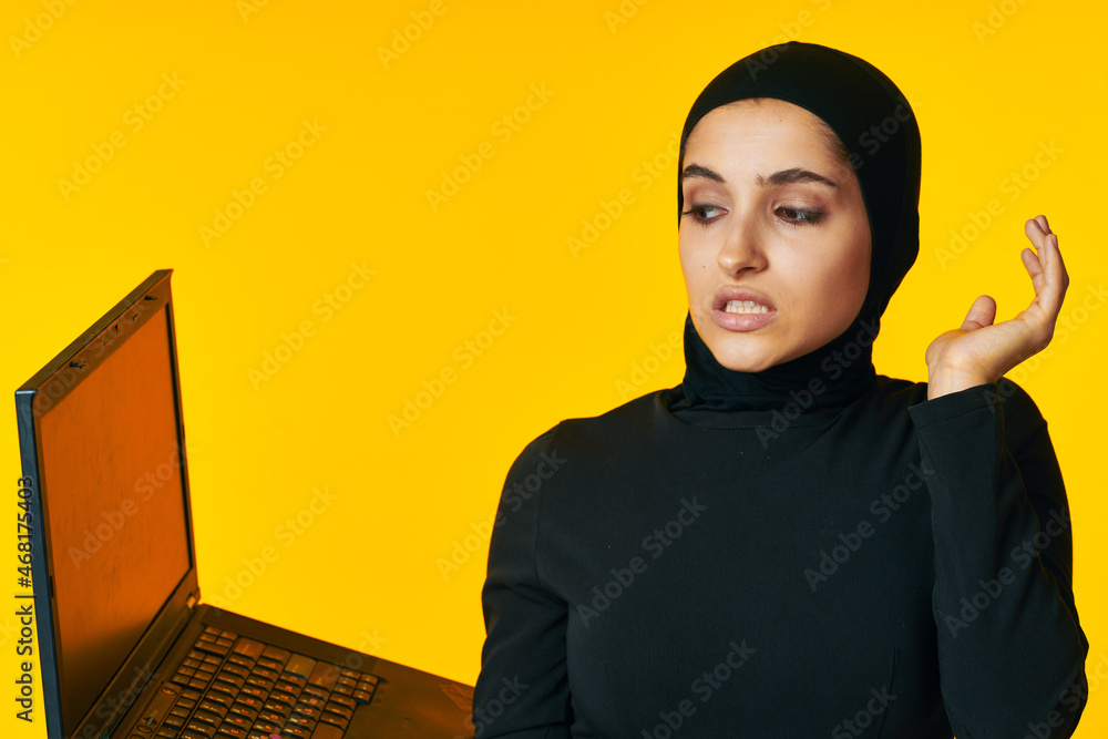 pretty woman laptop in hands learning student emotions ethnicity model pretty woman laptop in hands learning student emotions ethnicity model