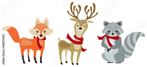Christmas animals wear a red scarf. There are reindeer, raccoon and wolf icon in cute colors.