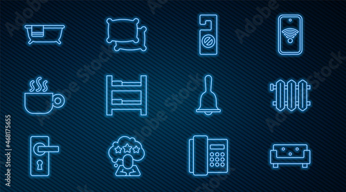 Set line Sofa, Heating radiator, Please do not disturb, Hotel room bed, Coffee cup, Bathtub, service bell and Pillow icon. Vector