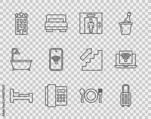 Set line Hotel room bed, Suitcase, Lift, Telephone handset, building, Mobile with wi-fi wireless, Plate, fork knife and Wireless laptop icon. Vector