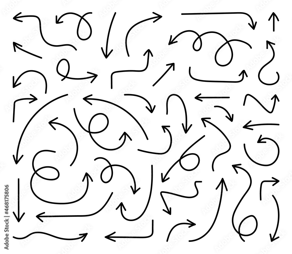 Hand drawn arrows icon set. Sketch curved arrows design. Arrow handmade. Doodle arrows of varios shapes and directions. Pointer and cursor icons. Hand drawn arrows icon set. Sketch curved arrows design. Arrow handmade. Doodle arrows of varios shapes and directions. Pointer and cursor icons.