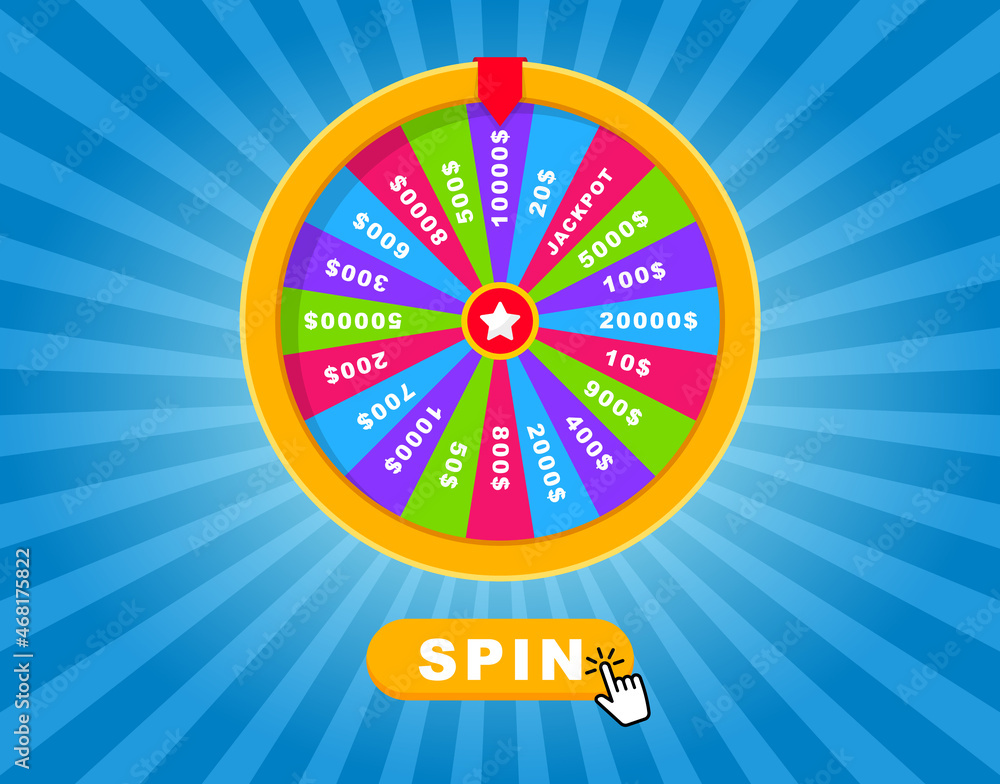 Roulette, wheel of fortune. Fortune wheel with spin button. Lottery luck. Game jackpot, Big Win, money prize. Casino money game. Game of luck playing. Vector illustration. Roulette, wheel of fortune. Fortune wheel with spin button. Lottery luck. Game jackpot, Big Win, money prize. Casino money game. Game of luck playing. Vector illustration.