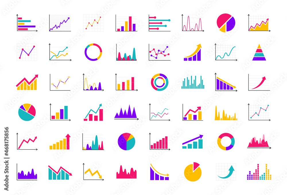 Set of business graph and charts icons. Business data charts. Colorful graphs, diagrams, schemes, infographic, analytic report. Statistics, data, growth, falling and pie chart icons set. - obrazy, fototapety, plakaty 