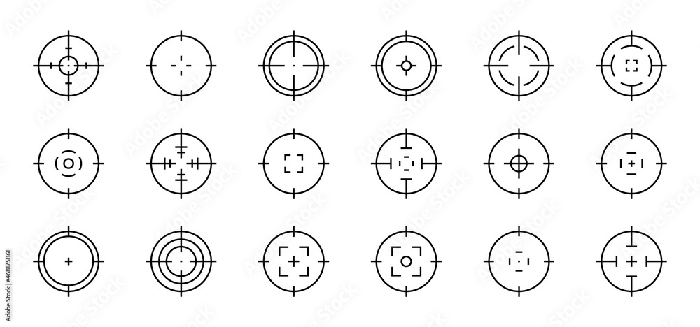 Target aim icon set. Targets and destination. Crosshair or sight icons. Sniper aim and scope. Focus sign in circle. Aim Bullseye. Vector illustration. Target aim icon set. Targets and destination. Crosshair or sight icons. Sniper aim and scope. Focus sign in circle. Aim Bullseye. Vector illustration.