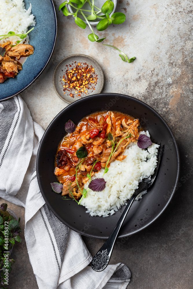 chicken stir fry with with tomato sauce, maple syrup and rice chicken stir fry with with tomato sauce, maple syrup and rice