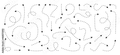 Hand drawn dotted arrows set. Sketch curved dashed arrows design. Arrow handmade. Doodle arrows of varios shapes and directions.