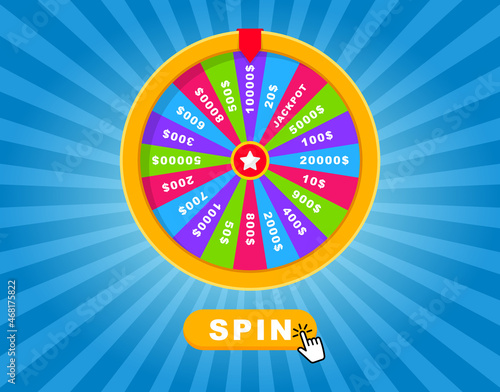 Roulette, wheel of fortune. Fortune wheel with spin button. Lottery luck. Game jackpot, Big Win, money prize. Casino money game. Game of luck playing. Vector illustration.