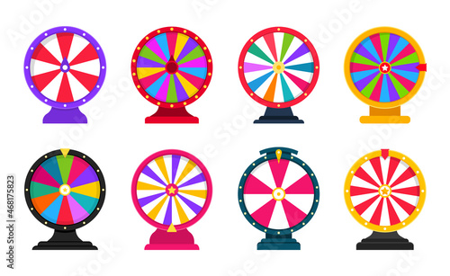 Roulette, wheel of fortune. Spinning fortune wheels set. Lottery luck. Game jackpot, Big Win, money prize. Casino money game. Game of luck playing. Vector illustration.