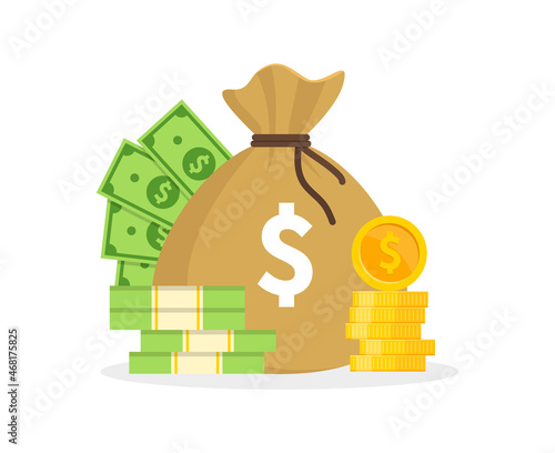 Money bag with gold coins and dollar banknotes. Bag of money with dollar sign. Bundles of banknotes and pile coins. Cash money. Wealth, budget, income and profit concept. Saving money.
