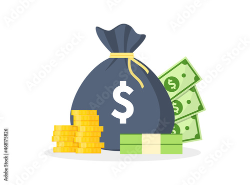 Money bag with gold coins and dollar banknotes. Bag of money with dollar sign. Bundles of banknotes and pile coins. Cash money. Wealth, budget, income and profit concept. Saving money.