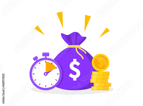 Money bag with gold coins and stopwatch. Time is money concept. Quick cash money. Fast money. Wealth, budget, income and profit concept. Saving money.