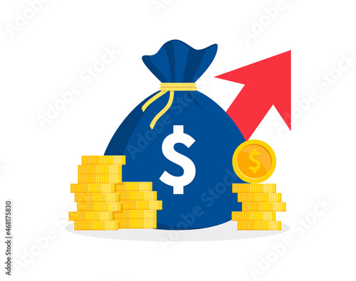 Profit concept with money bag and gold coins. Graph of growth profit with arrow. Investment income, market growth, capital income, financial growth. Wealth, budget and income concept.