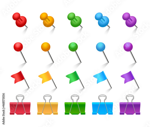 Pins and paper clips set. Colored binder clips, push pins, flags and tacks. Realistic stationery. Office supplies. Vector illustration.