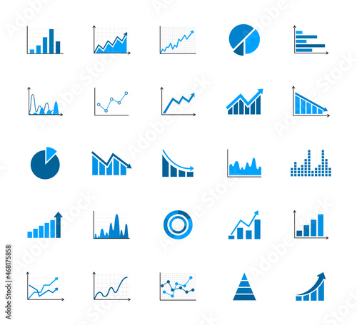 Set of business graph and charts icons. Business data charts. Colorful graphs, diagrams, schemes, infographic, analytic report. Statistics, data, growth, falling and pie chart icons set.
