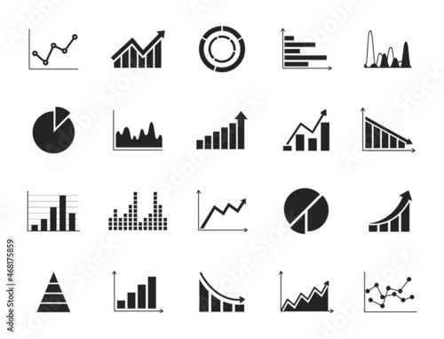 Set of business graph and charts icons. Business data charts. Graphs, diagrams, schemes, infographic, analytic report for financial analytic. Statistics, data, growth, falling and pie chart icons set.