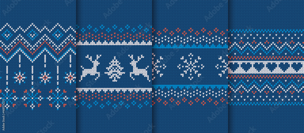 Christmas knit prints. Seamless pattern. Blue knitted border. Sweater ugly texture. Fair isle traditional backgrounds. Set holiday ornaments. Festive crochet. Wool pullover frame. Vector illustration - obrazy, fototapety, plakaty 