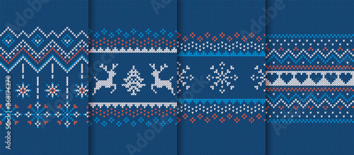 Christmas knit prints. Seamless pattern. Blue knitted border. Sweater ugly texture. Fair isle traditional backgrounds. Set holiday ornaments. Festive crochet. Wool pullover frame. Vector illustration