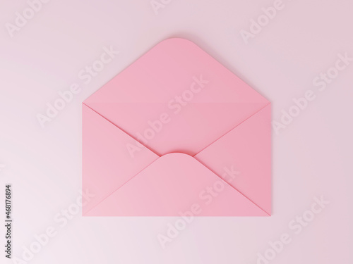 Open pink envelope with blank card on pink background, 3D rendering illustration
