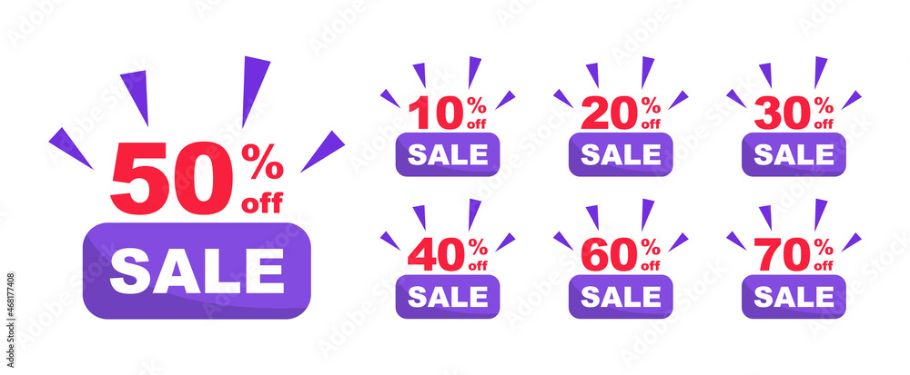 Percentage discounts, sale discounts. Sale tags set. Price off tags. Discount label with different sale percentage. Percent 10, 20, 30, 40, 50, 60, 70 off. Special offer sign.