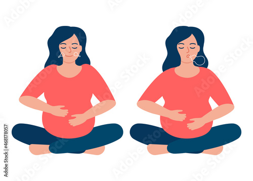 Pregnant woman is doing respiratory breathing exercise, deep exhale and inhale. Breathing exercise. Healthy yoga and relaxation, keep calm. Vector illustration