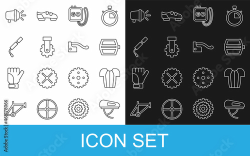 Set line Bicycle helmet, Cycling t-shirt, pedal, Stopwatch, Derailleur bicycle rear, air pump, head lamp and brake icon. Vector