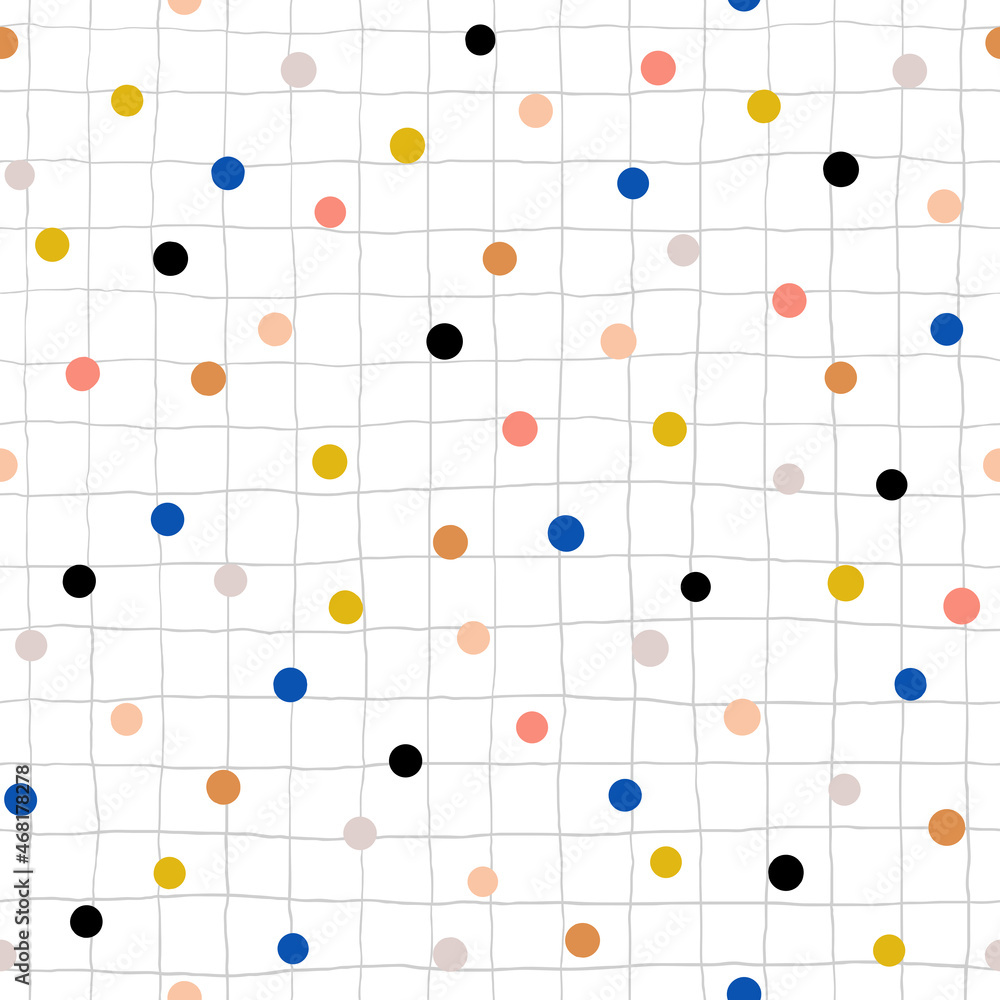 Colorful seamless polka dot pattern on grid texture. Abstract geometric hand drawn background. Vector illustration. Colorful seamless polka dot pattern on grid texture. Abstract geometric hand drawn background. Vector illustration.