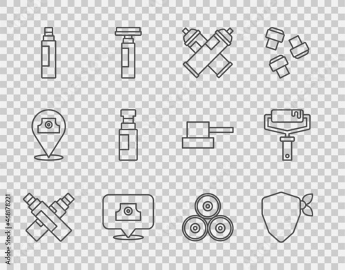 Set line Marker pen, Vandal, Paint spray can, Spray nozzle cap, and roller brush icon. Vector