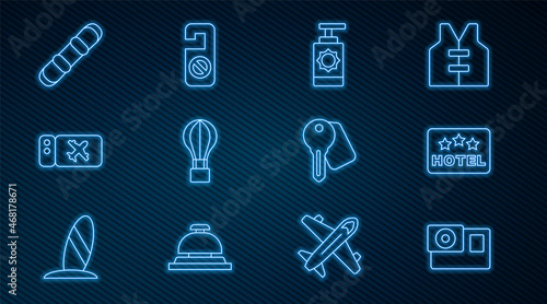Set line Action camera, Signboard with text Hotel, Sunscreen spray bottle, air balloon, Airline ticket, Snowboard, door lock key and Please not disturb icon. Vector