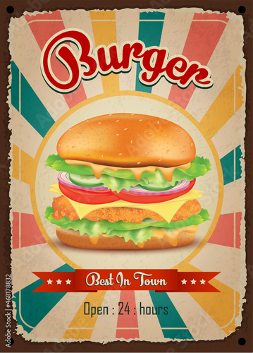 Burgers vintage restaurant sign. Fast food vintage poster. Retro design with big hamburger on old metal background red and turquoise colors. Wall decoration printing media. Vector EPS10 illustration.
