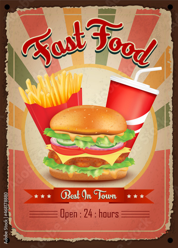 Burger, french fries vintage restaurant sign. Fast food vintage poster. Retro design with big hamburger on old metal background red and turquoise colors. Wall decoration printing media. Vector EPS10.