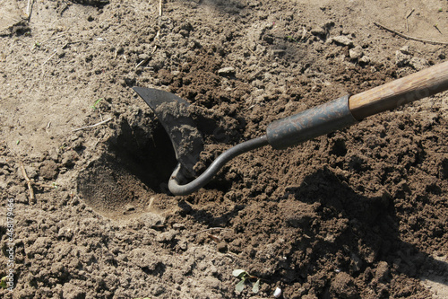 A close-up of a hoe gardening tool loosening the soil, digging a hole for planting. Digging a hole, preparing the soil for planting