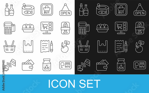 Set line Identification badge, Fish plastic tray container, Buy button, Chicken egg box, POS terminal credit card, Whiskey bottle and Shopping cart computer icon. Vector