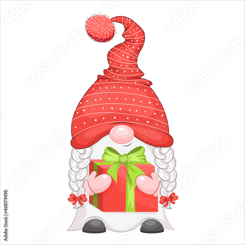Cute cartoon Christmas gnome with box of gift