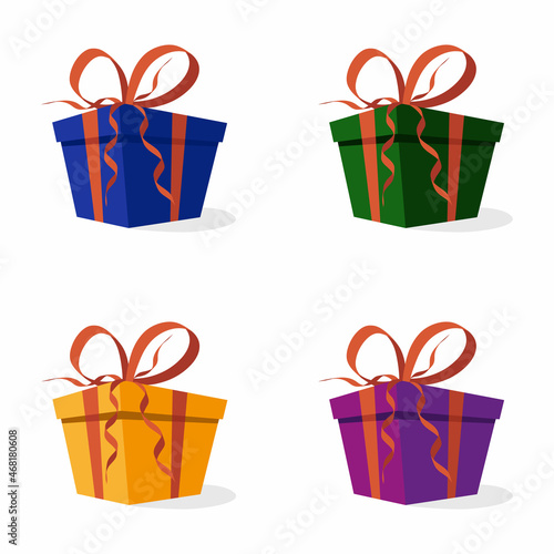 Set of gift boxes with bow and ribbons in vector. Blue, green, purple and yellow gift boxes, gift concept for a birthday, new year or Christmas