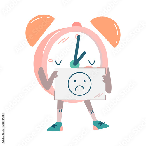 Funny Clock Character Holding Placard with Sad Smiley Vector Illustration