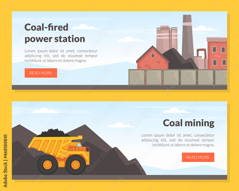 Coal Mining Industry with Heavy Machinery and Power Station Vector Landing Page Template