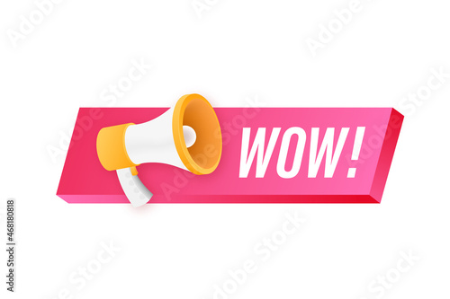 Wow megaphone. Flat vector illustration. Announce promotion offer. People communicate