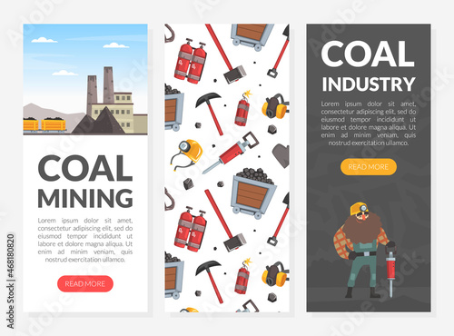 Coal Mining Industry with Miner Character and Work Equipment Vector Landing Page Template