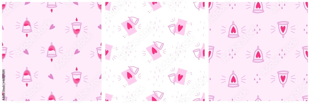 Collection of seamless patterns with cute menstrual cups and drops of blood. Vector illustration