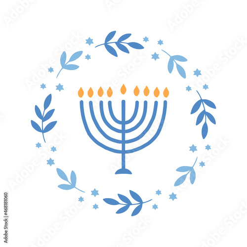 Hanukkah floral wreath with menorah vector illustration. Jewish holiday Chanukah. Hand-drawn festive party decoration. Hanuka greeting card with a traditional symbol.