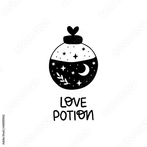 Bottle silhouette with magic elixir or poison. Mystic jar vector illustration. Esoteric alchemy design element. Witch brew poster with moon, stars. Hand drawn witchcraft symbol isolated on white.