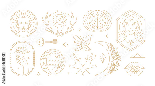 Magic woman boho vector illustrations of graceful feminine women and esoteric symbols set