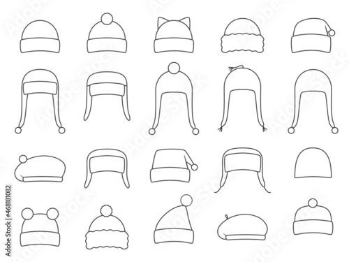 Collection of winter hats. Vector line illustration isolated on white background