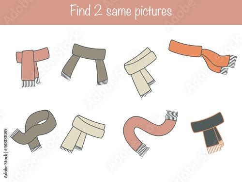 Find the same pictures - children educational game with cute winter scarfs. Vector illustration