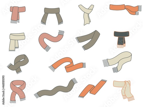 Collection of cute winter scarfs. Vector line illustration isolated on white background