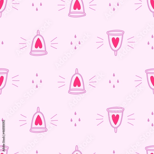 Seamless pattern with cute menstrual cups with hearts. Vector illustration