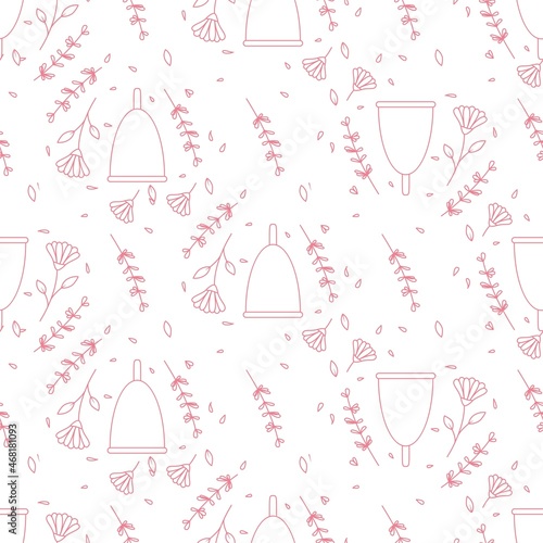 Seamless pattern with cute menstrual cups and flowers. Vector illustration